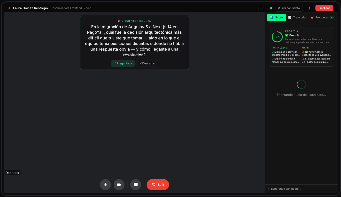 Interfaz del copiloto de entrevistas Hezel con scoring de culture fit en tiempo real
